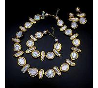 DSZUJTYROP Freshwater Cultured White Biwa Pearl Coin Pearl Gold plated Necklace Bracelet Earrings Sets(Sets)