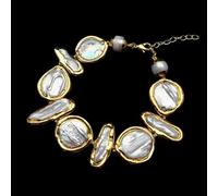 DSZUJTYROP Freshwater Cultured White Biwa Pearl Coin Pearl Gold plated Necklace Bracelet Earrings Sets(Bracelet)