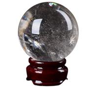 DSZUJTYROP White Crystal Bal with Wooden Base,Chic Clear Quartz Gemstone Sphere Desktop Ornament for Home Living Office Feng Shui Decor,4.7"(12cm)