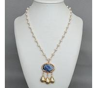 DSZUJTYROP White Freshwater Pearl link chain Necklace gold filled oval Blue kyanite gold brushed teardrop Pendant