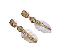 DSZUJTYROP White Shell Feather Yellow Plated Paved Dangle Stud Earrings