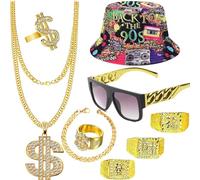 DTAOZFA 9 Piezas Disfraces Hip Hop Kit, Disfraz de Rapero de Los 80, Hip Hop Rock Accesorios, Collar de Dólar, Sombrero de Hip-Hop, Gafas, Anillo de Dólar, Fiesta de Carnaval, Vestido de Personaje