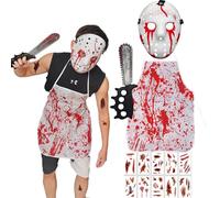 DTAOZFA Disfraz de asesino en serie, disfraz de motosierra de Halloween, disfraz de hombre de terror, máscara de asesinato, motosierra, delantal, tatuaje de cicatrices, pegatinas de Halloween, disfraz