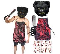 DTAOZFA Disfraz de oso de terror, delantal sangriento para Halloween, máscara de terror, cuchillo de motosierra, delantal, pegatinas de tatuaje, disfraces de Halloween para adultos (negro)