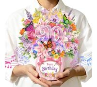 DTESL Tarjeta de 90 cumpleaños con música y luces, tarjeta de feliz cumpleaños desplegable, tarjeta de felicitación de orquídeas, lirios de rosa, mariposas, elegante floral con sobre para mujeres