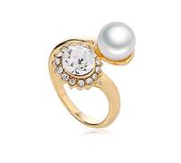 Dtja Anillo apilable de perlas redondas de circonita cúbica para mujer, chapado en oro, bola de perlas de cristal brillante, ajuste cómodo, elegante, boda, cóctel, fiesta, joyería, talla 7
