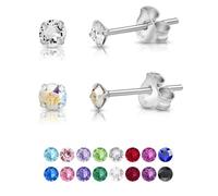 DTP Silver 2 Pares de Semental Pendientes/Aretes de Plata de Ley 925 con Cristales Swarovski® Elements Minúsculos Redondos - Diámetro: 3 mm - Color: Cristal Claro + Aurora Boreale