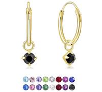 DTP Silver Pendientes de Aro Pequeños con colgante de 3 mm Cristal Swarovski® Elements - Plata de Ley 925 Plateado en Oro Amarillo - Diámetro 12 mm - Color: Negro