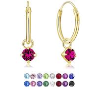 DTP Silver Pendientes de Aro Pequeños con colgante de 3 mm Cristal Swarovski® Elements - Plata de Ley 925 Plateado en Oro Amarillo - Diámetro 12 mm - Color: Fucsia
