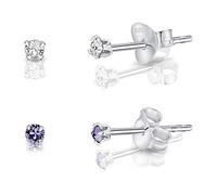 DTPsilver® 2 Pares de Semental Pendientes/Aretes de Plata de Ley 925 con Cristales Swarovski® Elements Minúsculos Redondos - Diámetro: 2 mm - Color: Cristal Claro + Tanzanita