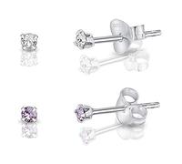 DTPsilver® 2 Pares de Semental Pendientes/Aretes de Plata de Ley 925 con Cristales Swarovski® Elements Minúsculos Redondos - Diámetro: 2 mm - Color: Cristal Claro + Violeta