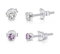 DTPsilver® 2 Pares de Semental Pendientes/Aretes de Plata de Ley 925 con Cristales Swarovski® Elements Minúsculos Redondos - Diámetro: 3 mm - Color: Cristal Claro + Violeta
