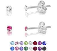 DTPsilver® 2 Pares de Semental Pendientes/Aretes de Plata de Ley 925 con Cristales Swarovski® Elements Minúsculos Redondos - Diámetro: 2 mm - Color: Cristal Claro + Rosa