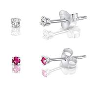 DTPsilver® 2 Pares de Semental Pendientes/Aretes de Plata de Ley 925 con Cristales Swarovski® Elements Minúsculos Redondos - Diámetro: 2 mm - Color: Cristal Claro + Rosa