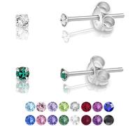 DTPsilver® 2 Pares de Semental Pendientes/Aretes de Plata de Ley 925 con Cristales Swarovski® Elements Minúsculos Redondos - Diámetro: 2 mm - Color: Cristal Claro + Esmeralda