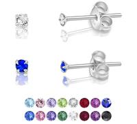 DTPsilver® 2 Pares de Semental Pendientes/Aretes de Plata de Ley 925 con Cristales Swarovski® Elements Minúsculos Redondos - Diámetro: 2 mm - Color: Cristal Claro + Majestuoso Azul