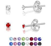 DTPsilver® 2 Pares de Semental Pendientes/Aretes de Plata de Ley 925 con Cristales Swarovski® Elements Minúsculos Redondos - Diámetro: 2 mm - Color: Cristal Claro + Siam Rojo