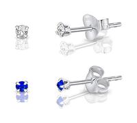 DTPsilver® 2 Pares de Semental Pendientes/Aretes de Plata de Ley 925 con Cristales Swarovski® Elements Minúsculos Redondos - Diámetro: 2 mm - Color: Cristal Claro + Majestuoso Azul