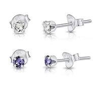 DTPsilver® 2 Pares de Semental Pendientes/Aretes de Plata de Ley 925 con Cristales Swarovski® Elements Minúsculos Redondos - Diámetro: 3 mm - Color: Cristal Claro + Tanzanita