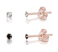 DTPsilver® 2 Pares de Semental Pendientes de Plata de Ley 925 Chapado en Oro Rosa con Cristales Swarovski® Elements Minúsculos Redondos - Diámetro: 2 mm - Color: Cristal Claro + Negro