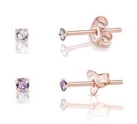 DTPsilver® 2 Pares de Semental Pendientes de Plata de Ley 925 Chapado en Oro Rosa con Cristales Swarovski® Elements Minúsculos Redondos - Diámetro: 2 mm - Color: Cristal Claro + Violeta