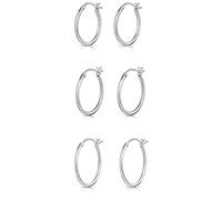 DTPsilver® 3 Pares de Pendientes de Aro/Criollas - Plata de Ley 925 - Pequeños - Cierre de Bisagra - Espesor 1.2 mm - Diámetro 16, 18, 20 mm