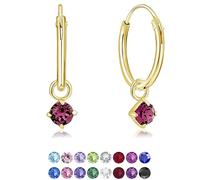 DTPsilver® Pendientes de Aro Pequeños con colgante de 3 mm Cristal Swarovski® Elements - Plata de Ley 925 Plateado en Oro Amarillo - Espesor 1.5 mm - Diámetro 14 mm - Color: Amatista