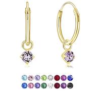 DTPsilver® Pendientes de Aro Pequeños con colgante de 3 mm Cristal Swarovski® Elements - Plata de Ley 925 Plateado en Oro Amarillo - Espesor 1.5 mm - Diámetro 14 mm - Color: Violeta