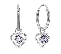 DTPsilver® Pendientes de Aro Pequeños con colgante de Corazón y 3 mm Cristal Swarovski® Elements - Plata de Ley 925 - Espesor 1.5 mm - Diámetro 14 mm - Color: Lavanda provenzal