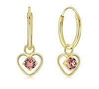 DTPsilver® Pendientes de Aro Pequeños con colgante de Corazón y 3 mm Cristal Swarovski® Elements - Plata de Ley 925 Chapado en Oro Amarillo - Espesor 1.2 mm - Diámetro 12 mm - Color: Rosa Claro