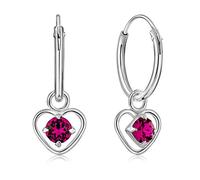 DTPsilver® Pendientes de Aro Pequeños con colgante de Corazón y 3 mm Cristal Swarovski® Elements - Plata de Ley 925 - Espesor 1.5 mm - Diámetro 14 mm - Color: Fucsia
