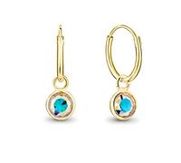 DTPsilver® Pendientes de Aro Pequeños con colgante de Cristal Swarovski® Elements Forma Redonda - Plata de Ley 925 Plateado en Oro Amarillo - Espesor 1.5 mm - Diámetro 14 mm - Color: Aurora Boreale