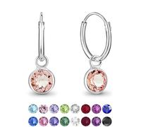 DTPsilver® Pendientes de Aro Pequeños con colgante de Cristal Swarovski® Elements Forma Redonda - Plata de Ley 925 - Espesor 1.2 mm - Diámetro 12 mm - Color: Rosa Claro