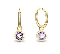 DTPsilver® Pendientes de Aro Pequeños con colgante de Cristal Swarovski® Elements Forma Redonda Plateado en Oro Amarillo - Plata de Ley 925 - Diámetro 12 mm - Color: Violeta