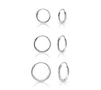 DTPsilver® Set de 3 Pares de Pendientes Aro Plata Mujer - Aros Plata Mujer Muy Pequeños - Pendientes de Aro Plata de Ley 925 - Espesor 1.2 mm, Diámetro 10, 12, 14 mm