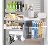 DTUQYX Estante magnético para especias para nevera, 7 estantes de metal, organizador portátil, estante con ganchos, soporte para toallas de papel, utensilios de cocina y tabla de cortar, blanco