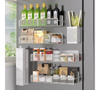 DTUQYX Estante magnético para especias para refrigerador, paquete de 6 estantes magnéticos de metal blanco, organizador de especias móvil, organizador magnético fuerte para nevera con soporte para