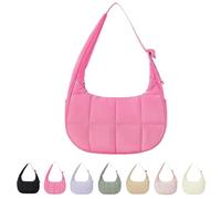 DTVKTZ Bloomr Bag, Small Puffer Crescent Shoulder Bag for Women, Adjustable Shoulder Strap,Nylon Quilted Shoulder Hobo Purses (Rose Red)