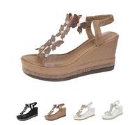 DTVKTZ Women's High Heel Wedge Sandals Platform Fashionable Butterfly Transparent Elastic Strap Sandals Thick Soled T Strap Thongs Shoes Boho Summer Beach (Khaki,42)