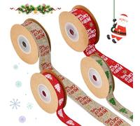 DTYGUIXE Cinta de Navidad para Envolver Regalo, 4 Rollo de Cinta de Navidad Decorativa de 1,5cm/2,5cm Cinta de Arpillera de Navidad Roja y Beige con Motivos Navideños para Flores Árbol Corona