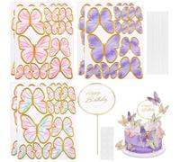 DTYGUIXE Decoración para Pastel de Cumpleaños, 60 Toppers para Pastel de Mariposa con Palitos y 2 Toppers para Tarta de Feliz Cumpleaños en Inglés Adornos para Tartas de Boda Bautizo Comunión