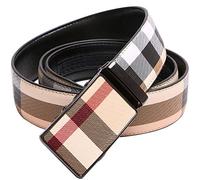 DU Hombres Cinturón Cuadros Moda Cuero Real Trinquete Hebilla Cinturón Vaqueros Automáticos Regalo Navidad Cinturón A Cuadros Off White Brown Black Color Bar 40~50 Pulgadas (Tartán,110cm)