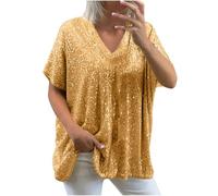 duaicnvow Blusa brillante para mujer, manga 3/4, cuello redondo, blusa con purpurina brillante, blusa holgada, casual, elegante, para boda, Navidad, cóctel, baile de graduación, dorado, L