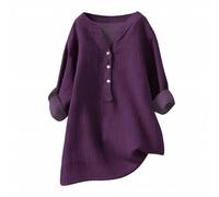 duaicnvow Blusa de lino de algodón con botones para mujer, estilo informal, para primavera, primavera, color liso, para trabajo, informal, holgada, para uso diario, verano, cuello redondo, estilo