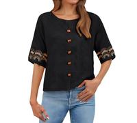 duaicnvow Blusa de lino y algodón para mujer, estilo vintage, 3/4, color liso, elegante, casual, ajuste holgado, dobladillo fluido, para oficina, trabajo, para mujer, Negro, M