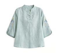duaicnvow Blusa de manga 3/4 para mujer, de algodón y lino, con botones y bordado de primavera, color liso, para verano, a la moda, holgada, lisa, informal, a la moda, verde, 3XL