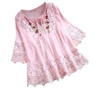 duaicnvow Blusa para mujer, manga 3/4, algodón y lino, con botones, bordado de primavera, color liso, para trabajo, casual, holgada, para uso diario, oficina, trabajo, rosa, M