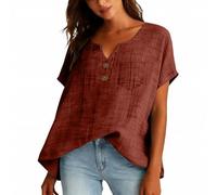 duaicnvow Blusas de lino y algodón para mujer, para primavera, casual, con botones, de lino y algodón, color liso, holgadas, con botones, cuello en V, ropa de verano, marrón, L