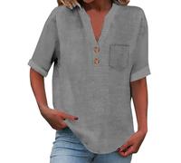 duaicnvow Blusas de primavera para mujer, de manga corta, con botones, color liso, para trabajo, casual, holgada, de gran tamaño, con botones, cuello en V, elegante, casual, holgada, gris, L