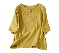 duaicnvow Camisetas de lino para mujer, 2026, bordadas, de lino, color liso, para verano, playa, vacaciones, uso diario en la oficina, amarillo, L